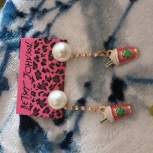 Betsey Johnson Pink Pearl Drop Dangle Earrings with Red & Green Cup Charms